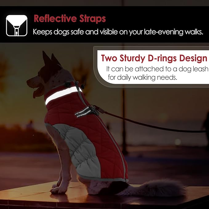 AOFITEE Dog Coat, Warm Dog Winter Coat, Reflective Cold Weather Dogs Puffer Jacket with Harness Built in, Waterproof Pet Fleece Vest Snowsuit for Small Medium Large Dogs, Christmas Red L