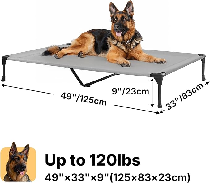 Veehoo Outdoor Elevated Dog Bed Large Sized Dogs, XL Cooling Raised Dog Cots Beds Training Platform Off Ground Hammock with Breathable Mesh, No-Slip Feet, 49"x33", Grey