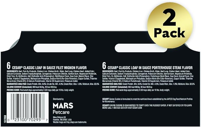 Cesar Wet Dog Food Classic Loaf in Sauce Filet Mignon and Porterhouse Steak Flavors Variety Pack, 3.5 oz. Easy Peel Trays (12 Count, Pack of 2)