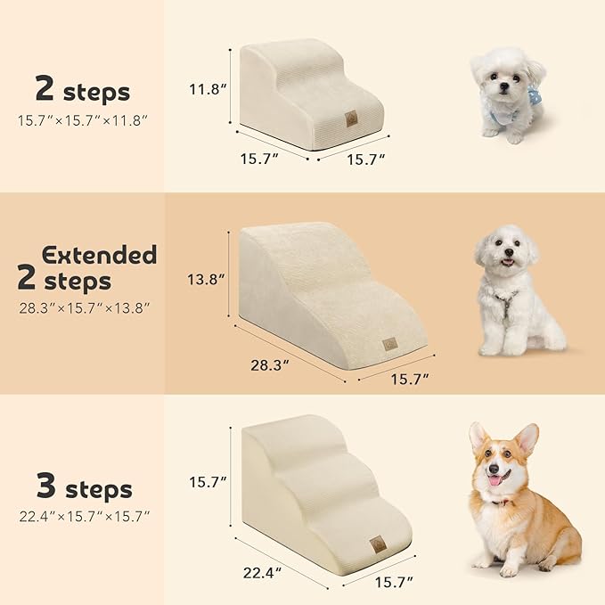 Mestuel Extended Dog Stairs Steps for Couch Sofa, Dog Stairs Ramp for Small Old Joint Injury Dogs Cats, Pet Stairs with Gentle Slope& Nonslip Bottom, Washable Fabric Cover,Beige