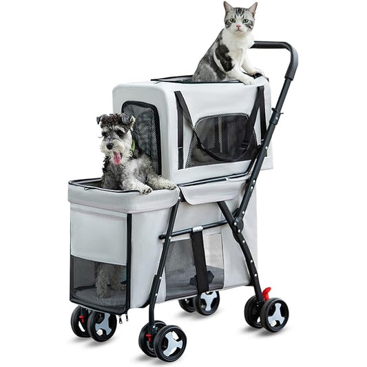 Pet Stroller Double Deck 4 Wheels - Easy-Fold Dog Cat Stroller for Small Medium Dog Cats Carrier, Travel Folding Carrier Breathable and Visible Mesh with Cup Holder（Gray）