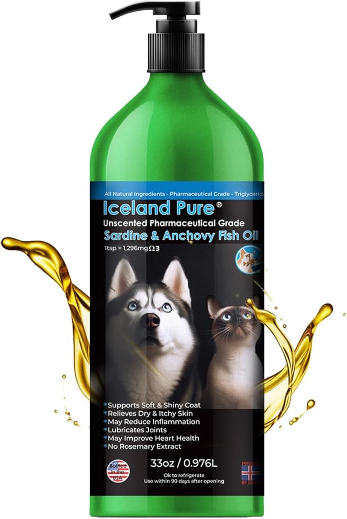 Sardine Anchovy Oil | 1296mg Omega | Unscented Pharmaceutical Grade | For Dogs & Cats | BPA-Free Brushed Aluminum Epoxy Coated Bottle with Pump 33 OZ