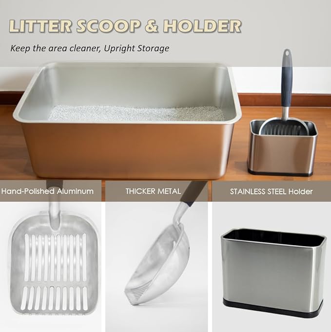 Full Metal Cat Litter Scoop with Holder, Stainless Steel Cat Litter Scooper Holder, Aluminum Kitty Scoop Captures All Clumps, Heavy Duty Kitty Metal Scooper with Non-Slip Handle