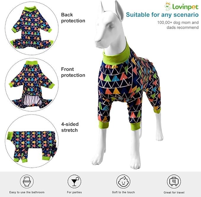 LovinPet Dog PJS Onesies for Medium Dogs, Blue Triangle Print, Post Surgery Shirt, UV Protection, Pet Anxiety Relief, Wound Care Onesie for Large Dog,Large