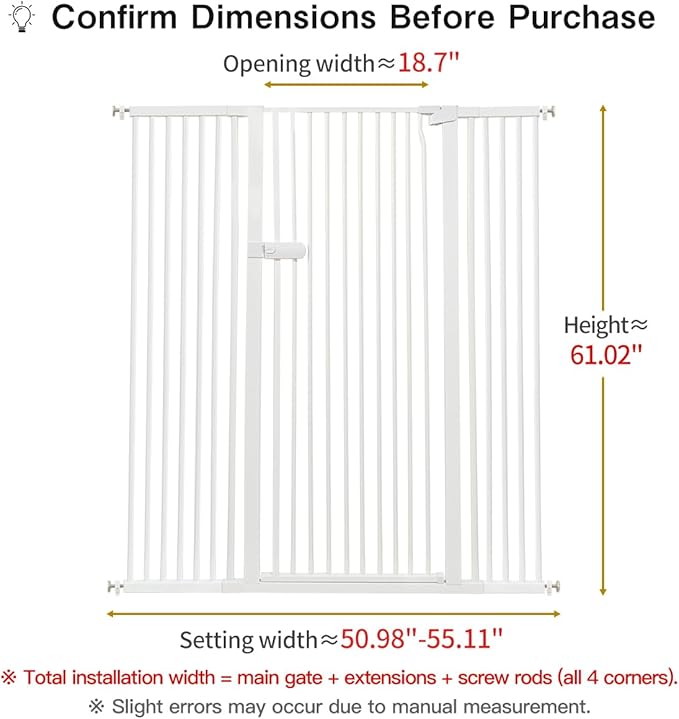 Lumizone Extra Tall Cat Gate 61.02" High Pressure Mounted Extra Wide 2025 New(17 Sizes)1.37" Gap No Drilling Auto-Close One-Handed Operation Tall Pet Gate for Dogs(White, 50.98"-55.11"/129.5-139.5CM)