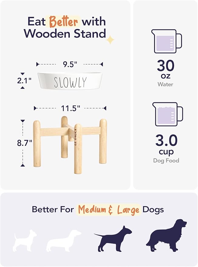 Slow Feeder Dog Bowls - 3-Cup Raised Ceramic & Wood Stand for Medium-Large Breed, White