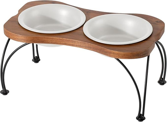 Ceramic 7.1-inch Raised Double-Bowl Set with Non-Slip Stand, Food & Water Dishes for Medium and Large Dogs, Wide Opening with Rounded Edges(Matt White)