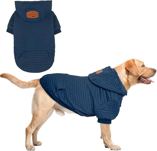 BEAUTYZOO Small Dog Hoodie Sweater with Pockets, Dog Clothes for Small Medium Dogs Boy Girl, Waffle-Like Laminated Cotton Pet Coats with Hat and Leash Hole, Navy Blue L