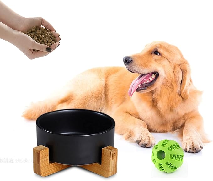 Petygooing Dog Bowls,Black Ceramic Cat Dog Bowl Set with Wood Stand for Pet Food and Water,Non-Slip Cute Modern Pet Dish Set for Cats Small and Medium Dogs (28OZ/6.1 in)