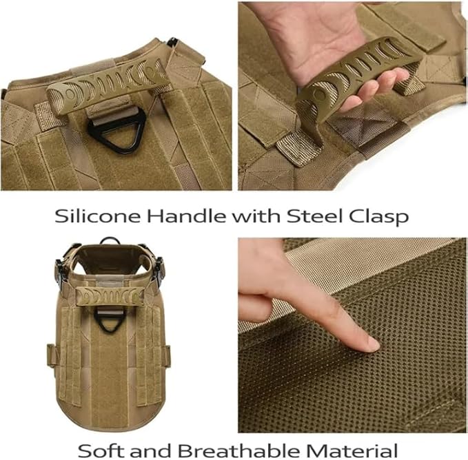 Tactical Dog Harness with Handle, Collar & Leash Set – No Pull Dog Vest with Adjustable Buckles, Reflective Patches & Heavy-Duty Nylon for Medium Dogs (Khaki)