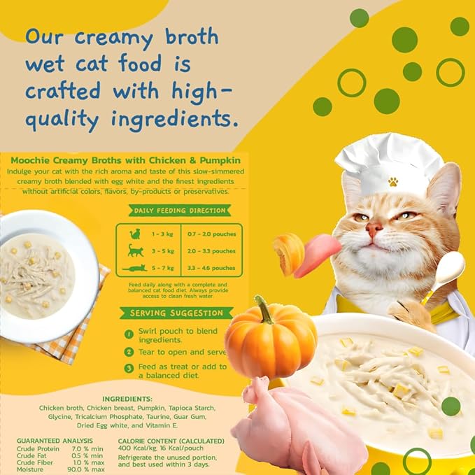MOOCHIE Grain Free Creamy Broth for Cats - Made with Real Chicken & Pumpkin - No Artificial Flavors or Preservatives - 16 x 1.4 oz Pouch