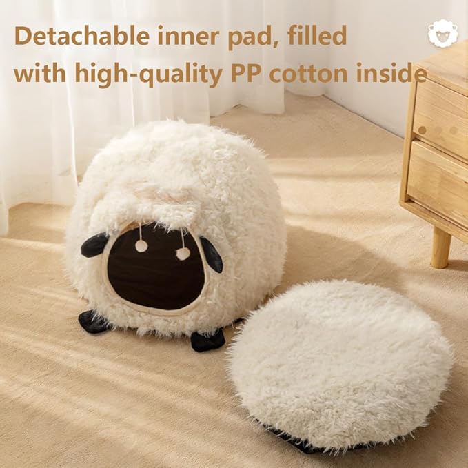 Cute Cat Bed Cave for Indoor Sheep Shaped Pet Plush House Self-Warming Nest Small Dogs Rabbits with Removable Cushion for Puppy Bed with Hanging Toy