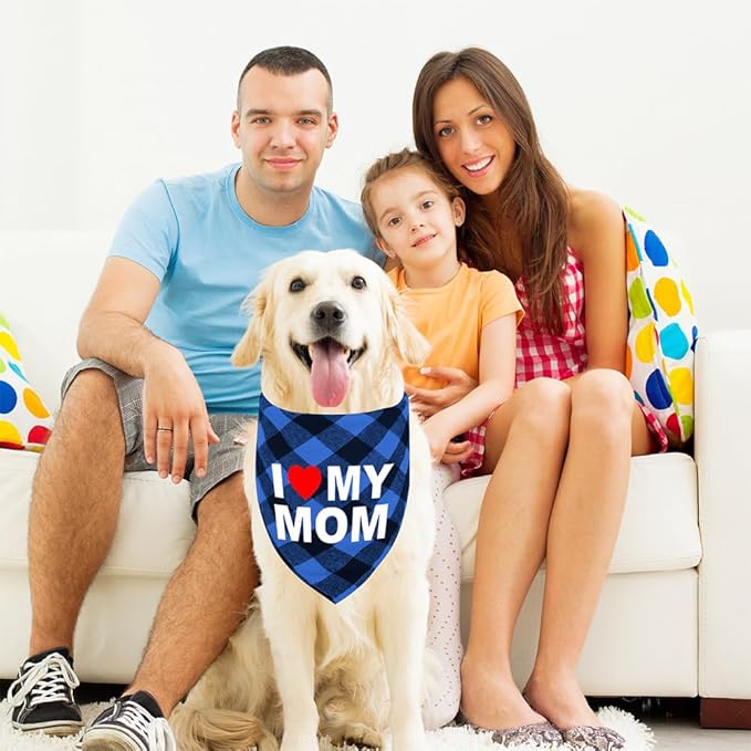 GreenJoy Cute Plaid Dog Bandana – Washable Pet Triangle Scarf for Small, Medium, Large Dogs and Cats, Adjustable Pet Accessory for Birthday, Wedding and Christmas (Blue (I Love My Mom), Large)