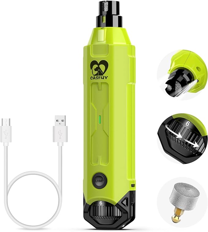 Casfuy 6-Speed Dog Nail Grinder - Newest Enhanced Pet Nail Grinder Super Quiet Rechargeable Electric Dog Nail Trimmer Painless Paws Grooming & Smoothing Tool for Large Medium Small Dogs (Green)