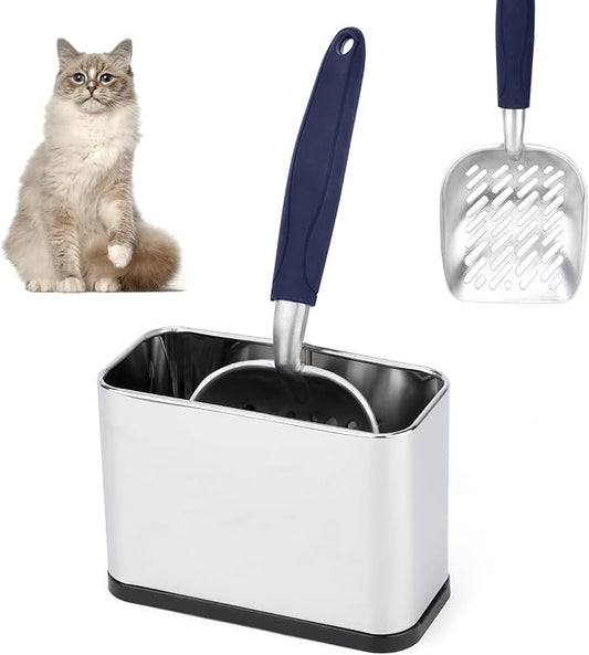 Heavy-Duty Cat Litter Scoop with Holder,Metal Cat Scooper Holder Trash Container,Aluminum Kitty Poop Sifting Shovel Captures All Clumps,Speed Sifter Litter Box Scooper with Cats Caddy(Blue)