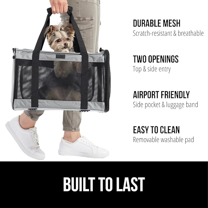 GORILLA GRIP Cat Carrier Travel Bag Up to 15 Lbs, Soft Collapsible Small Dog Carriers, Top and Side Entry Breathable Mesh, Grip Feet on Underside, Cozy Washable Waterproof Pad, Portable Kennel, Gray