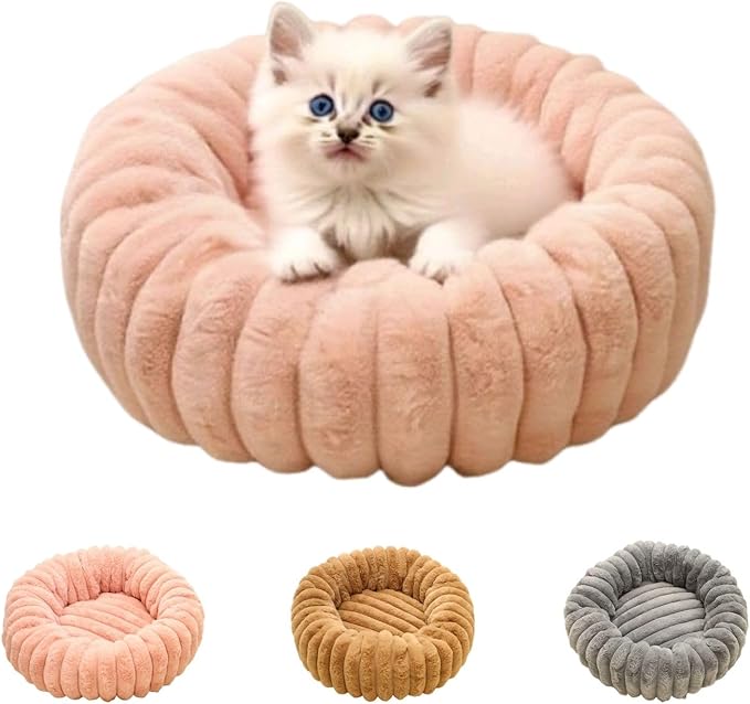 Dog Bed 24 Inch Round, Fluffy Cat Bed with Plush Comfort, Cozy Puppy Bed with Anti-Slip Bottom for Indoor Pets, Gray, Pink, Brown (Pink)