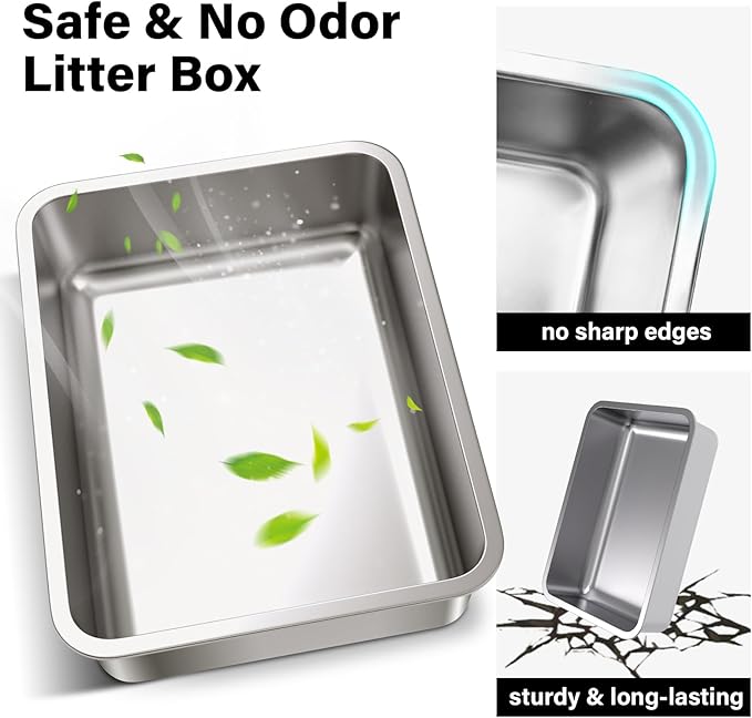Stainless Steel Litter Box 2Pack,19.68" x13.77.x6 Large Metal Cat Litter Box,Steel Litterbox for Adult Cats/Kitty,Easy to Clean, Non Stick No Smell