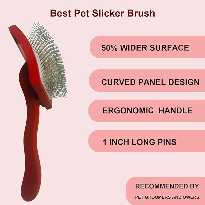 Large Ergonomic Slicker Brush for Dogs & Pets - Extra Long Pin Grooming Brush with Solid Wooden Handle for Poodles, Doodles, and Long-Haired Dogs (red)