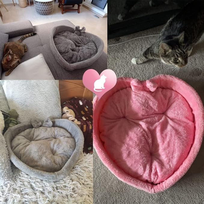 Cute Cat Bed Heart-Shaped Nest Cotton Fleece Soft Cat-Dog sofa Winter (XL, Grey)