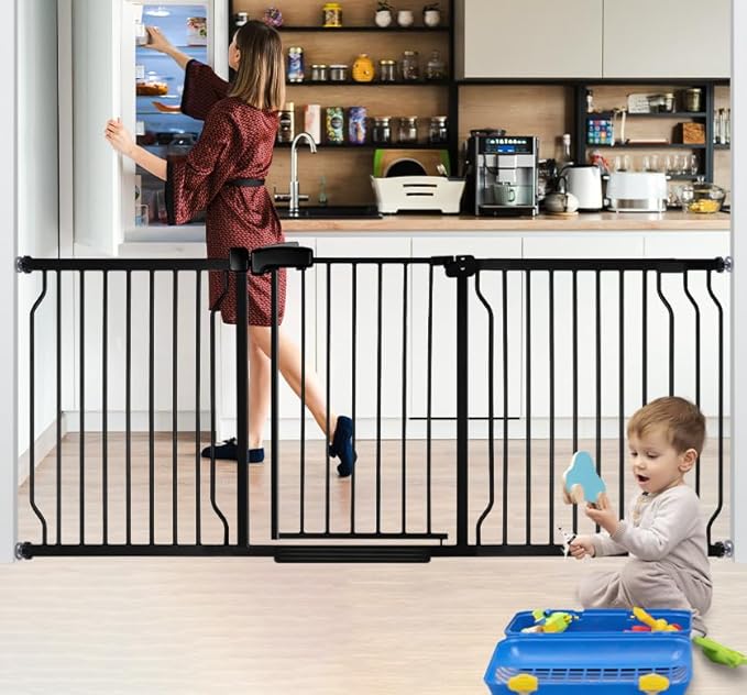 Extra Wide Baby Gate for Stairs Doorways with door, 30" Tall 66.5-75.8" Wide Easy Install Dog Gate indoor, Safety Metal Pressure Mounted Pet Gate with Walk-Thru Auto Close for the House, Black