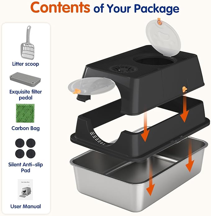 Front & Top Entry Stainless Steel Litter Box with Lid,Cat Litter Box Enclosure,Extra Large Enclosed,Non-Sticky Metal Pan,Anti-Leakage,Odor Control,Easy Clean,Covered for Indoor Cats,Includes Scoop Set