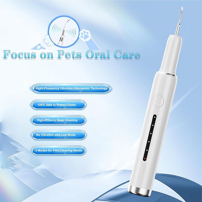 Pet Ultrasonic Plaque Remover,Tooth Cleaning Kit for Tartar and Stains,6 Modes Low Noise Sonic with LED Light,Safe for Dogs and Cat(White)