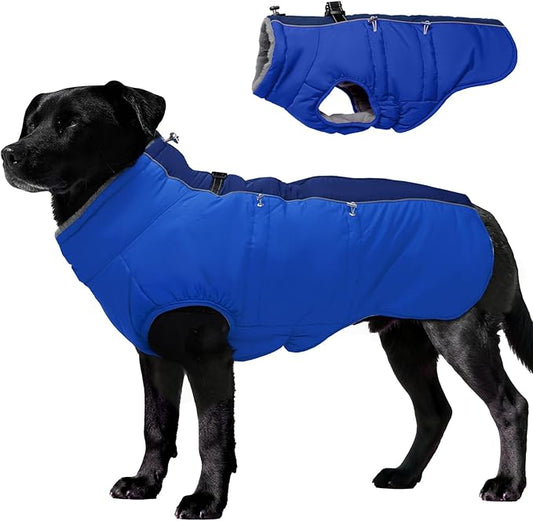 Dog Winter Jacket - Large, Warm Zip Up Snowsuit Dog Harness Vest, Reflective, Water-Resistant, Royal-Blue