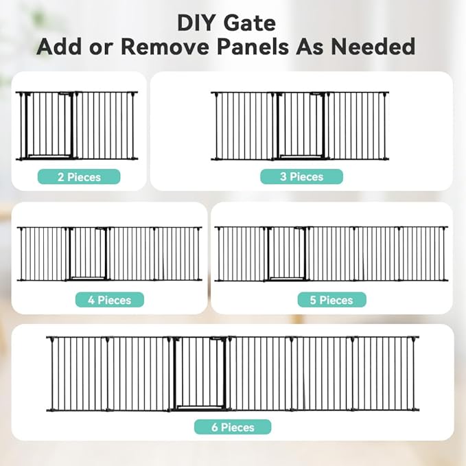 COMOMY 150" Extra Wide Baby Gate with Door, Dog Gates for The House Doorways Fireplace, Auto Close Baby Fence Play Area, Walk Through Pet Gate, Hardware Mounted Baby Gate, 6-Panels (30" Tall, Black)
