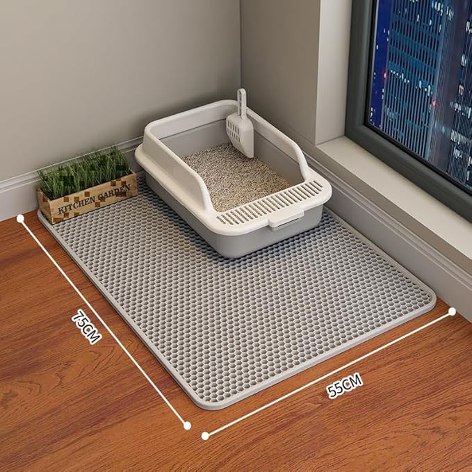 Cat Litter Mat Cat Litter Trapping Mat, 30 x 22 inch Honeycomb Double Layer Design, Urine and Water Proof Material, Scatter Control, Less Waste, Easier to Clean, Washable Gray