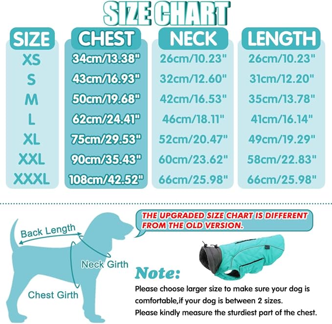 EMUST Winter Coat for Large Dogs, Windproof Dog Jacket for Cold Weather, Extra Warm Dog Winter Clothes for Small Medium Large Dogs, Turquoise, XXL