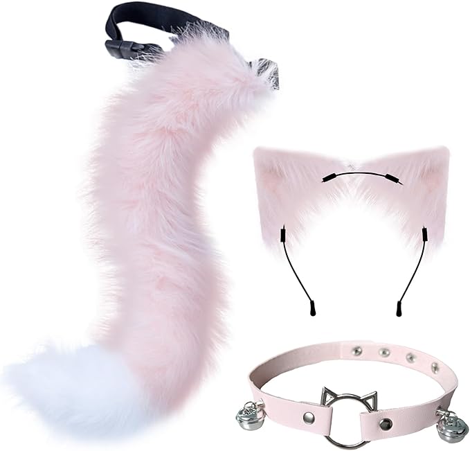 Cat Ears and Wolf Fox Animal Tail Cosplay Costume Faux Fur Hair Clip Headdress Halloween Leather Neck Chocker Set