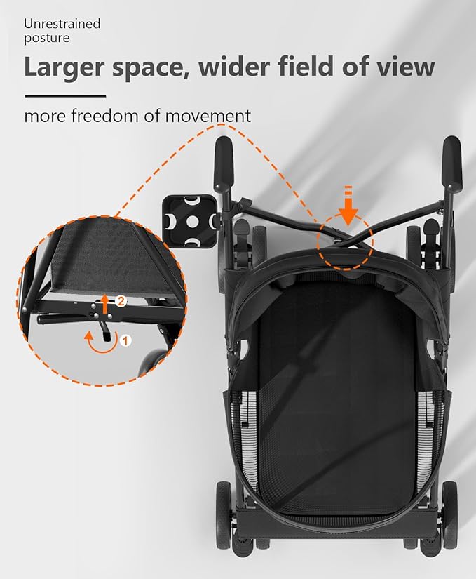 Pet Stroller with 4 Wheels for Small/Medium Pets, Portable Travel Foldable Carrier Jogger for Dog Cat Puppy Kitty, Rear Wheel Breaks, Storage Basket, Visible Mesh with Weather Cover (Black)