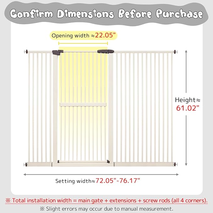 Lumizone Extra Tall Cat Gate 61.02" High Pressure Mounted Extra Wide 72.05"-76.17" (17Sizes) 1.37" Gap No Drilling Auto-Close Tall Pet Gate for Dogs (Cream, 72.05"-76.17"/183-193cm)