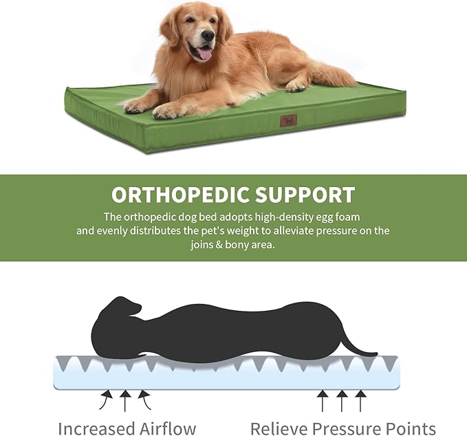 Outdoor Large Dog Bed, Waterproof Dog Bed for Large Dogs, Egg Crate Foam Pet Bed with Removable Washable Oxford Cooling Cover, Light Green