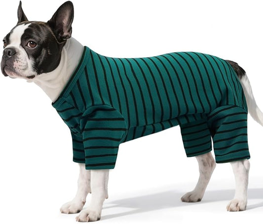 Striped Dog Pajamas - Jammies for Small to Large Dogs, Fleece Shedding Suit, Stretchy & Machine-Washable Pjs, Belly Cut for Males, Great for Surgery & Cold Weather, Green L