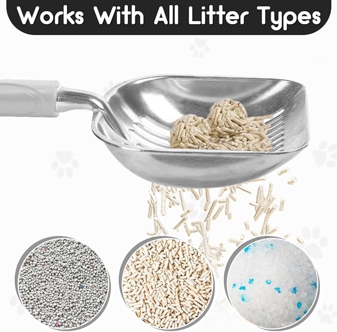 Cat Litter Scoop, Metal Cat Scooper, Plastic Handle Scoop, Sifting Shovel – Heavy Duty Aluminum Alloy Litter Box Scoop with Deep Mesh, Design for Easy Waste Removal and Cleaning(Gray)