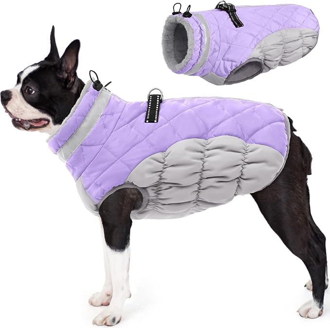 AOFITEE Dog Coat, Warm Dog Jacket, Reflective Winter Coats for Medium Dogs, Turtleneck Dogs Winter Jacket with Harness Built in, Waterproof Windproof Pet Fleece Vest Puffer Jacket, Lilac M