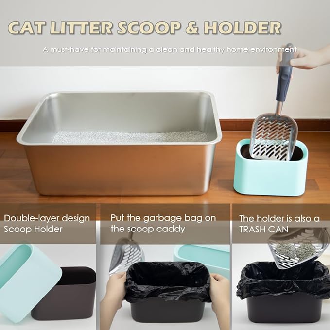 Aluminum Cat Litter Scoop in Holder, Non-Stick Cat Poop Scooper with Holder, Fast Sifting Kitten Poop Lifter and Caddy (Blue)