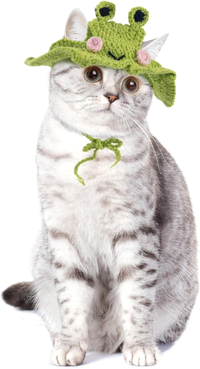 Frog Cat Hats, Cotton Cat Clothes, Cute Themed Knit Cats Bonnet for Costumes, Halloween, Christmas, Holiday Party