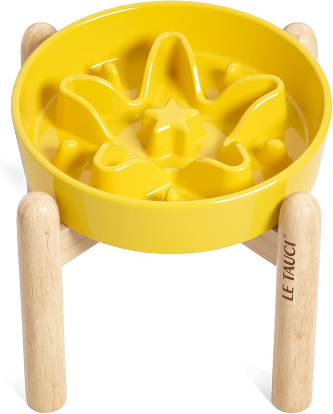 LE TAUCI Ceramic Slow Feeder Puzzle Bowl Elevated 1.5 Cup with Wooden Stand for Small & Medium Dog, Fast Eater Food Bowl, Star Yellow