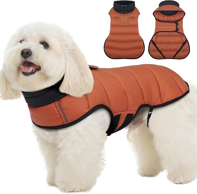 MIGOHI Lightweight Dog Puffer Jacket - Dog Winter Coat with Reflective Strips, Padded Vest with Harness Hole, Warm Snow Jacket Cold Weather, Easy On Hook & Loop Belly for Medium Dogs, Caramel, M