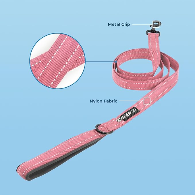 Voyager Reflective Dog Leash Collar Set with Neoprene Handle Supports Small, Medium, and Large Breed Puppies, Cute and Heavy Duty for Walking, Running, and Training - Pink, L