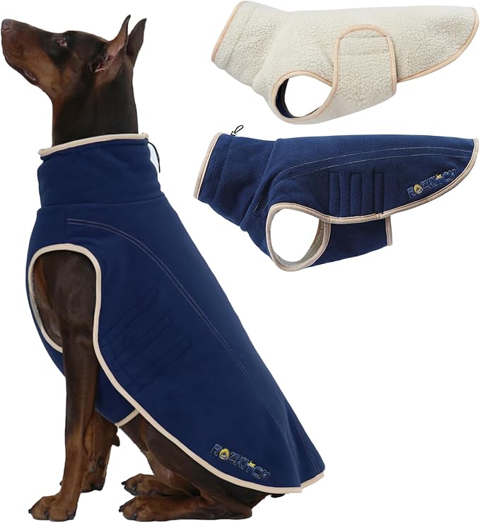 ROZKITCH Reversible Large Dog Jacket, Warm Fleece Sherpa Sweater with Leash Hole, Windproof Cold Weather Coat Winter Clothes Double-Sided Winter Vest for Large Giant Breeds DarkBlue 4XL
