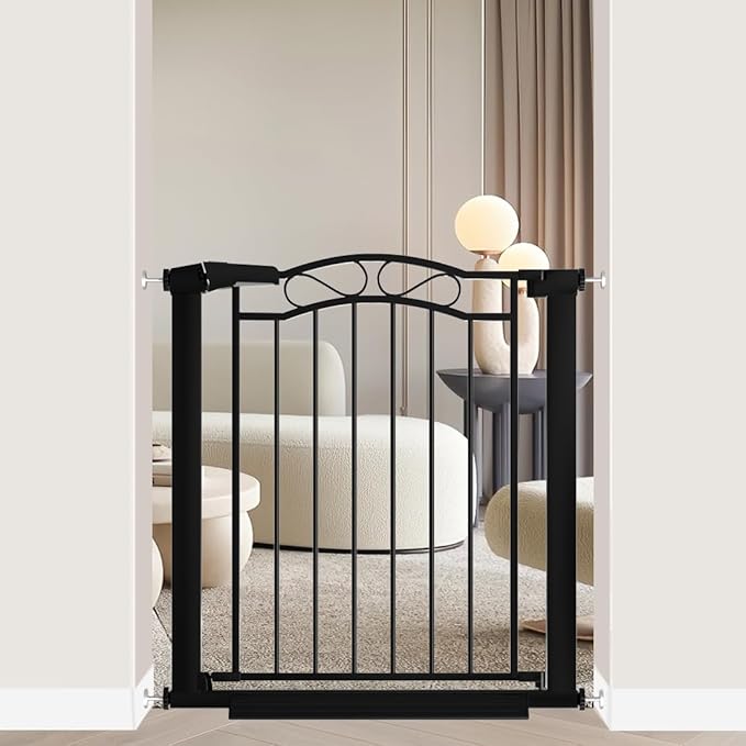 Black Baby Gate with Door-Walk Through Baby Gates for Stairs Pressure Mounted no Drill-Indoor Tension Metal Child Pet Dog Safety Gate 29.53"-32.28" Wide