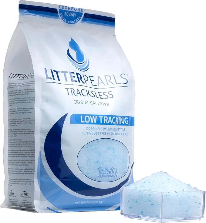 Litter Pearls Tracksless Unscented Non-Clumping Crystal Cat Litter with Odorbond, 7 lb, White, Clear and Blue Crystals