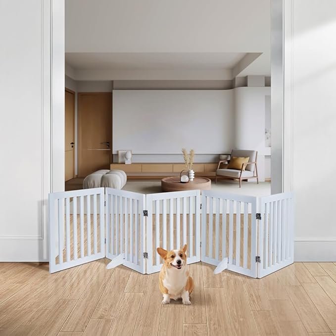 unipaws 24”H Free Standing Pet Gate for Dog and Cat, Wooden Dog Gates for Doorway, Stairs, Doggy Room Divider, Step Over Foldable Pet Fence for The House, Expandable Doggy Barrier, Indoor Use, White