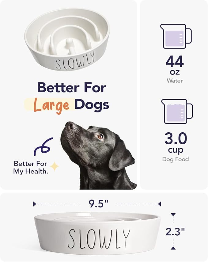 Slow Feeder Dog Bowl, 3 Cups Ceramic Maze Dog Food Bowl for Medium/Large Dogs – Non-Slip White Pet Dish, Cute Puzzle Design to Slow Fast Eaters