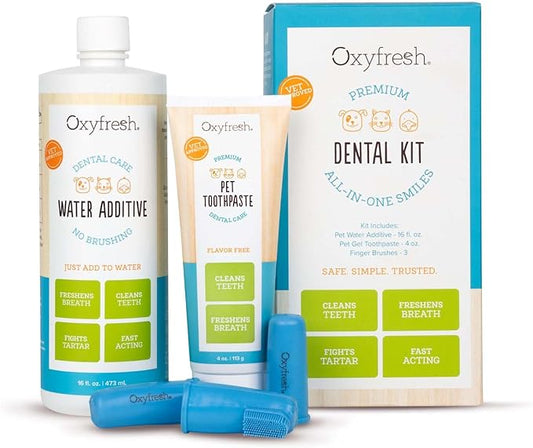 Oxyfresh Premium Pet Dental Kit for Dogs & Cats – Easy Solution for Dog and Cat Fresh Breath, Clean Teeth, Control Plaque & Tartar – Vet Formulated Pet Toothpaste 4oz + Water Additive 16oz Kit