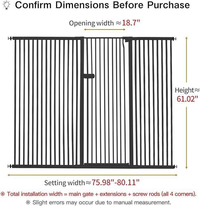 Lumizone Extra Tall Cat Gate 61.02" High Pressure Mounted Extra Wide 2025 New (17 Sizes) 1.37" Gap No Drilling Auto-Close One-Handed Operation Tall Pet Gate for Dogs(Black, 75.98"-80.11"/193-203CM)